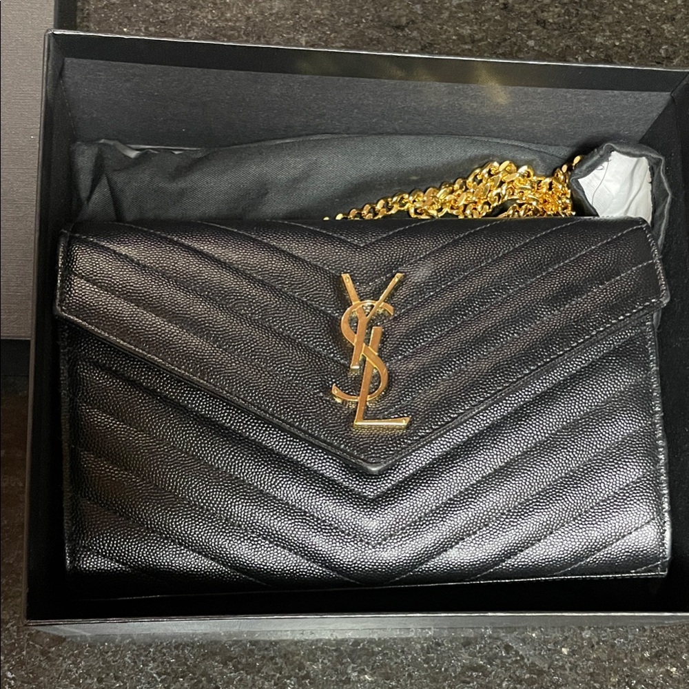 YSL Monogram Large Wallet on Chain in Grained Leather